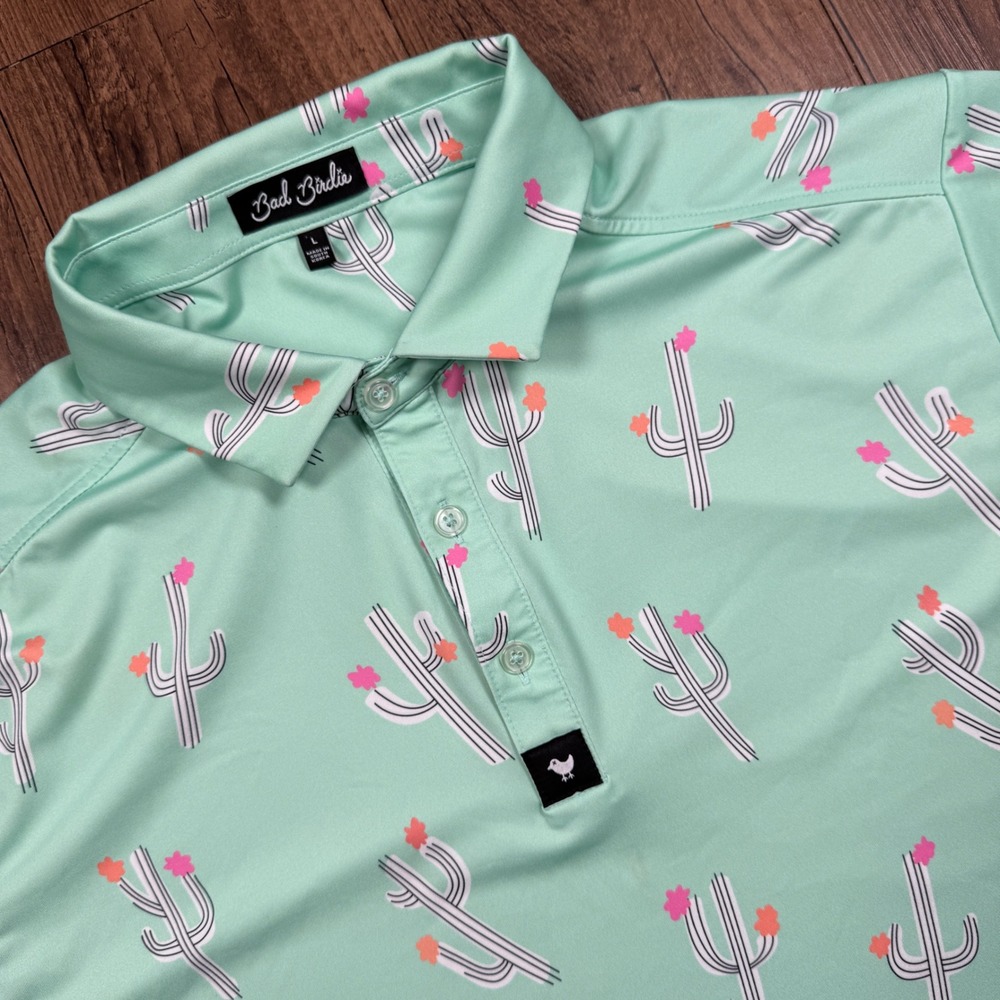 Bad Birdie Golf Polo Shirt Mens L Mint Green Cactus Bloom Floral Performance